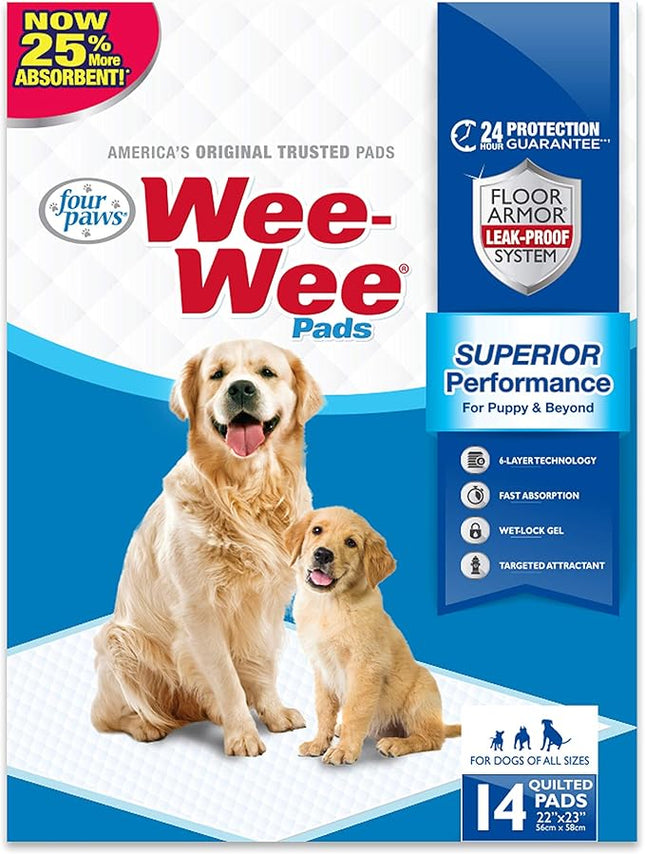 Four Paws Wee-Wee Superior Performance Unscented Pee Pads for Dogs & Puppies, Quilted Leak-Proof Dog Housebreaking Potty Training Floor Protection, 22" x 23", 14 Count
