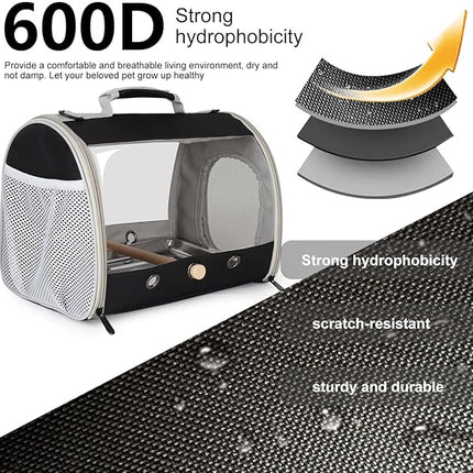 Bird Carrier, Portable Small Bird Cockatiel Conure Parrot Parakeet Carrier with Standing Perch and Stainless Steel Tray, Side Access Window Collapsible (Black, Cylinder Design - Clear)