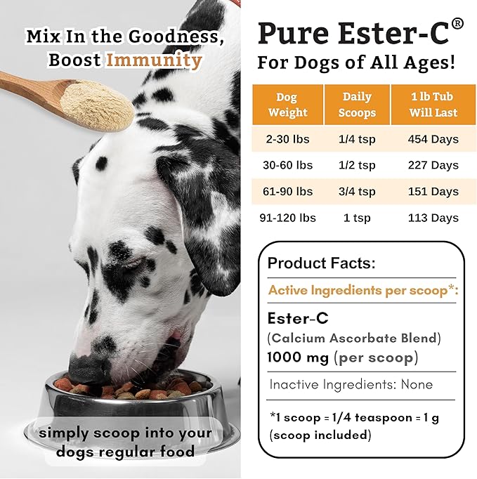 Wholistic Pet Organics Pure Ester-C Powder for Dogs - 1 Lb - Healthy Alternative to Dog Allergy Chews - Vitamin C Supplement for Dog Allergy Relief, Immune Support, Itch Relief for Dogs - Made in USA