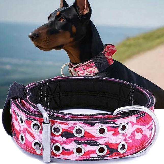 Dog Collar for Large Dogs - 2" Wide Tactical Collars with Handle for Extra Large Breed Dogs, Military Heavy Duty 1/3" Thick Nylon Pet Collar Camo Pink M