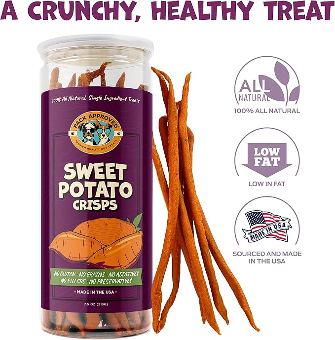 Sweet Potato Dog Treats Made in USA - Single Ingredient Dog Treat - Dehydrated Sweet Potato Fries, Perfect for Dogs of All Breeds and Sizes - 7.5 oz
