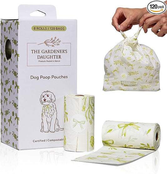 Compostable Dog Poop Bags – Lavender Scented, 120 Count | Leak-Proof, Extra Thick, Earth-Friendly | Elegant White with Green Ribbon Print | Fits Standard Dispensers by The Gardener’s Daughter