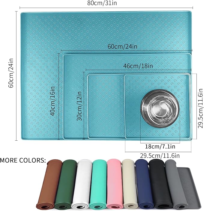 Ptlom Dog Food Mat Anti-Slip Bowl Mats for Food and Water, Waterproof Silicone Pet Placemat with High Raised Edges, Non-Slip Puppy Feeding Tray for Small, Medium Large Cats Dogs, Blue, 11.8"x11.8"