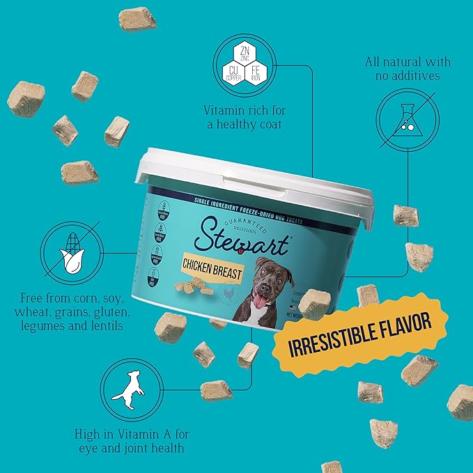 Stewart Single Ingredient Freeze Dried Raw Dog Treats, Chicken Breast, 14.8 Ounce Value Size, up to 280 Pieces per Resealable Tub, Training Treats or Meal Topper, High Protein, Grain Free, Gluten Free