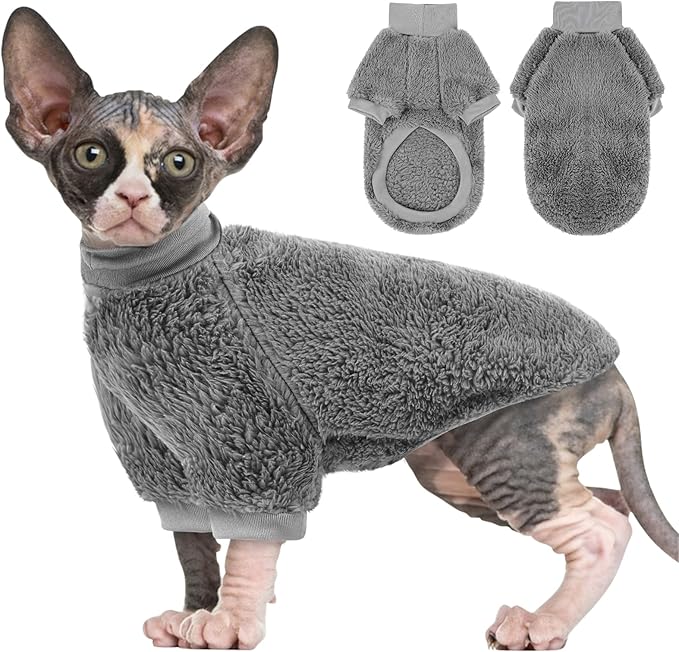 SUNFURA Sphynx Cat Sweater, Hairless Cats Turtleneck Pullover Kitten Sweaters for Cats Only, Warm and Soft Cat Pajamas Shirt with Sleeves Pet Winter Clothes Fleece Jumpsuit for Puppy, Grey M
