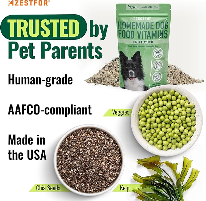 Azestfor Homemade Dog Food Vitamins Pre-Mix Powder – 24 Essential Nutrients – Supplement for Raw, Barf & Grain Free – for All Breeds & Ages – 16oz Veggie Flavored