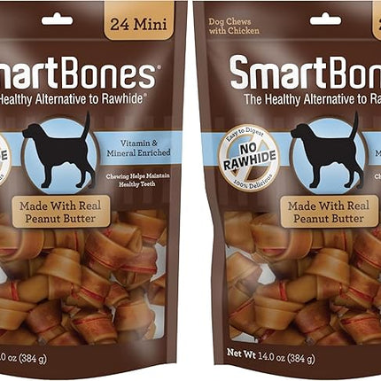 SmartBones Mini Chews with Real Peanut Butter 24 Count, Rawhide-Free Chews for Dogs (Packaging May Vary) (Pack of 2)