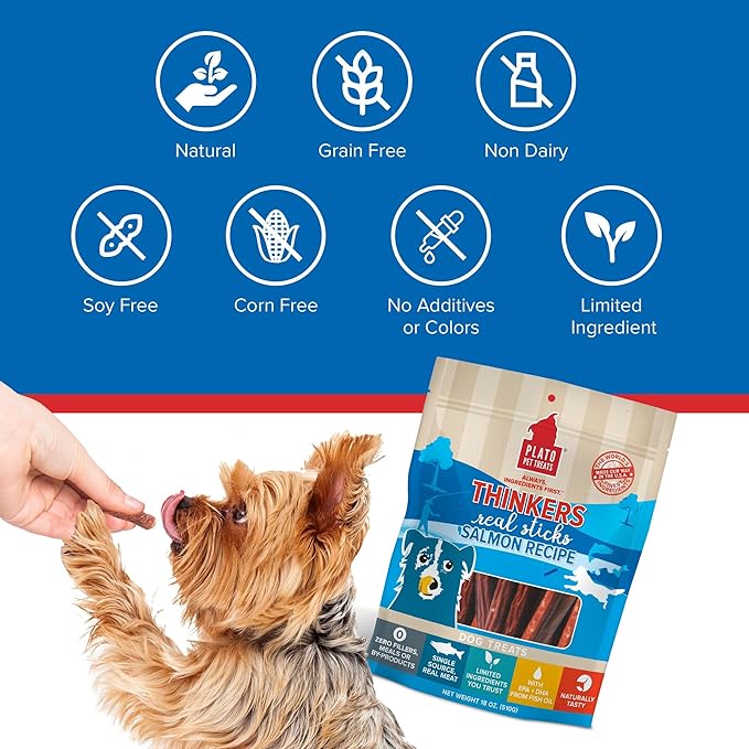Plato Pet Treats Air Dried Dog Treats Salmon Thinkers Sticks, Natural Dog Treats, Real Meat, Air Dried, Made in the USA, 10oz