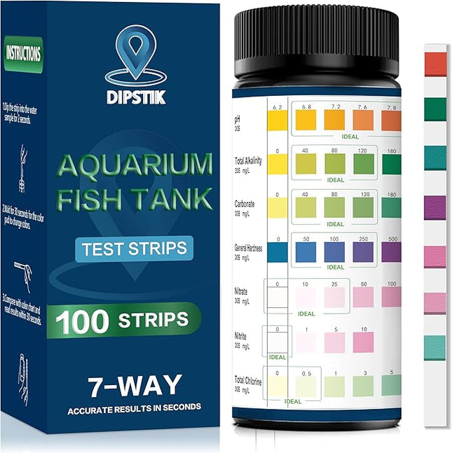Aquarium Test Strips, 7-Way Freshwater Saltwater Fish Tank Pond Test Kit, 100 Strips, Nitrate, Nitrite, Chlorine, Hardness, Alkalinity, Carbonate, pH
