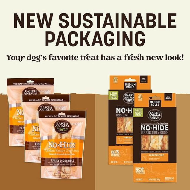 Earth Animal No Hide Chews - Long Lasting Rawhide Free Medium Dog Chews Rolls, Chicken - 6 Count