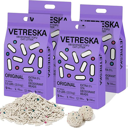 VETRESKA Tofu Cat Litter,Natural Kitty Litter Strong Clumping Flushable Cat Litter Pellets Ultra Absorbent,Odor Control,Dust-Free,Low Tracking Eco-Friendly Tofu Litter,Original(5.5lb×4bags)