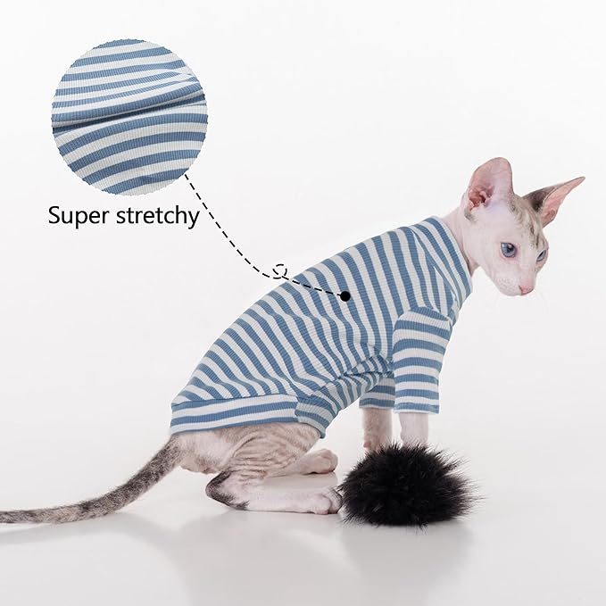 PUMYPOREITY Sphynx Cat Clothes, Soft Hairless Shirt With Sleeves, Stretchy Sweater, Pullover Pajamas Jumpsuit, Turtleneck Outfit for Sphynx Cornish Rex, Devon Rex, Blue, L
