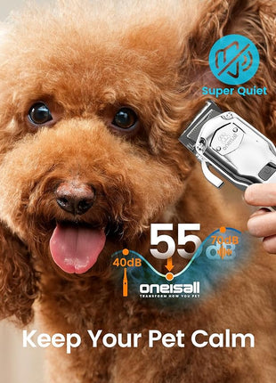 oneisall Dog Clippers for Grooming Thick Hair Professional,Cordless/Rechargeable Pet Grooming Kit with Detachable Metal Combs, Low Noise Heavy-Duty Pet Clippers for Thick/Curly/Fine/Wavy Hair (Sliver)