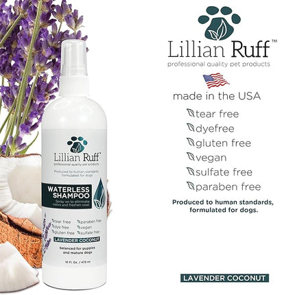 Lillian Ruff Waterless No-Rinse Dog Dry Shampoo Spray with Hydrating Essential Oils - pH-Balanced Dry Shampoo for Dogs - Clean, Condition, Detangle & Deodorize Dry, Sensitive Skin (Lavender Coconut)