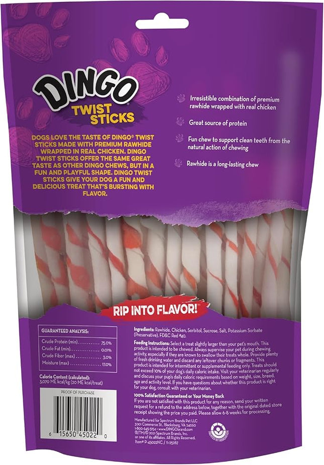 Dingo Twist Sticks 50 Count, Premium Rawhide Treats For Dogs Made with Real Chicken 50-Count
