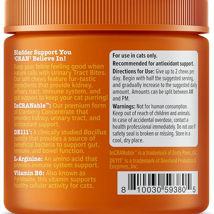 Zesty Paws Cranberry Urinary Tract Bites for Cats - Kidney & Urinary Tract Health - Soft Chews with D-Mannose, Vitamin B6 & L-Arginine - Immune & Gut Support - Bacon - 60 Count