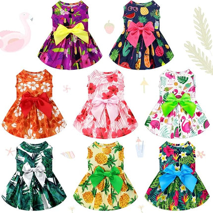LEIFIDE 8 Pcs Summer Themed Hawaii Dog Dresses Holiday Flamingo Fruit Floral Pattern Pet Skirts Hawaii Puppy Princess Dresses Outfits Bowknot for Girl Dogs Cats Beach(Large)