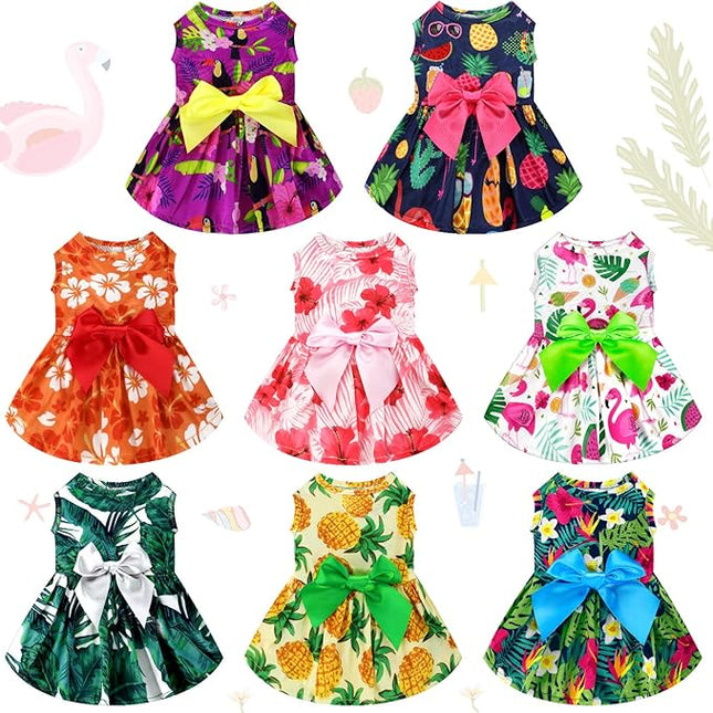 LEIFIDE 8 Pcs Summer Themed Hawaii Dog Dresses Holiday Flamingo Fruit Floral Pattern Pet Skirts Hawaii Puppy Princess Dresses Outfits Bowknot for Girl Dogs Cats Beach(Large)