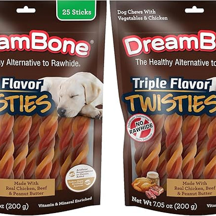 DreamBone Triple Flavor Twisties Chews for Dogs, 25 Count, Treat Your Dog to Rawhide-Free Chews Made with Real Chicken, Beef and Peanut Butter (Pack of 2)
