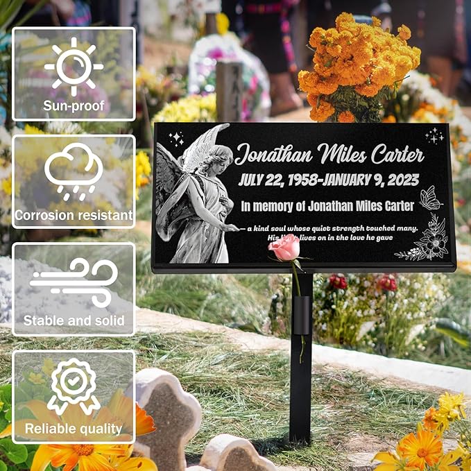 HDSD 12x6'' Personalized Pet Memorial Stones Black Granite Headstones for Dogs Laser Engraved with Photo (Angels)