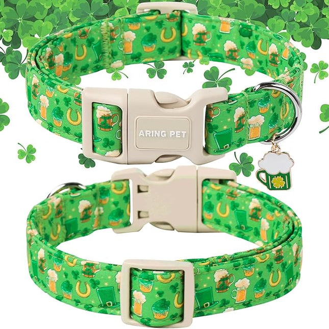 ARING PET St Patrick's Day Dog Collar-Green Lucky Clovers Dog Collars, Adjustable Shamrock Pet Collars Trefoil Puppy Collar Gifts with Quick Release Buckle for Girl&Boy Dogs