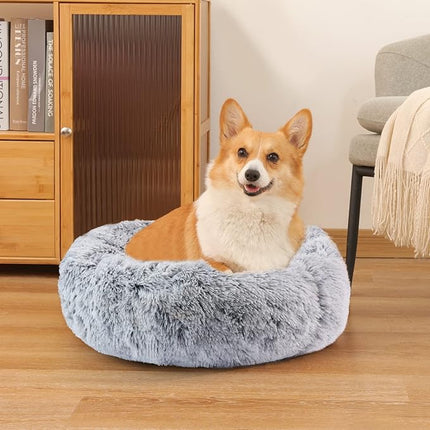 NOYAL Calming Donut Dog Bed for Small to Medium Dogs & Cats - Plush Faux Fur Anti-Anxiety Pet Bed with Machine Washable Cover & Non-Slip Base