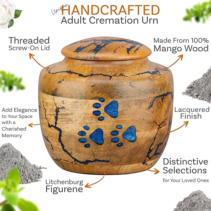 INTAJ Wooden Pet Urns for Dogs/Cats Ashes - Blue Resin Paws & Lichtenburg Design - Keepsake Cremation Urn Box, Pet Memorial Wooden Urns for Ashes, Small to Large Sizes (Odyssey, Large)