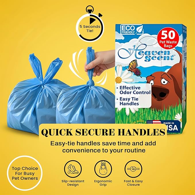 Heaven Scent Dog Poop Bags with Easy Tie Handles | Baby Powder Scented Waste Bags | blue Doggie Poop Bags for Dog Walkers | MADE IN THE USA
