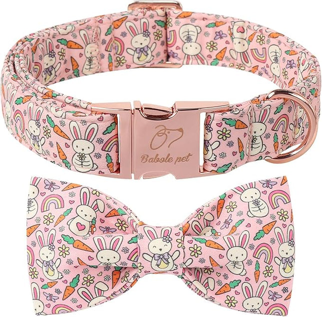 Easter Dog Collar with Bow Tie - Pink Easter Bunny Bowtie Dog Collar Adjustable Heavy Duty Spring Easter Dog Collars for Small Medium Large Dogs S