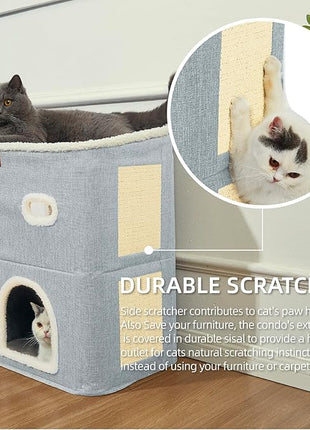 CATBOAT 2-Storey Cat House for Indoor Cats Bed, Covered Beds & Furniture with Scratch Pad and Hideaway Cave, Cute Modern Condo for Multi Small Pet Large Kitten Kitty, Light Grey