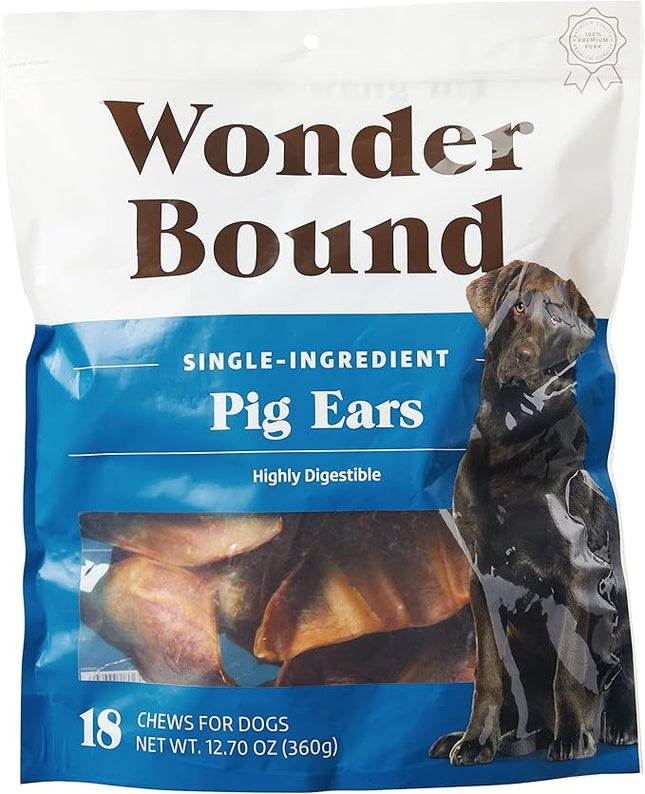 Amazon Brand - Wonder Bound Whole Pig Ears, Single Ingredient, Highly Digestible, Dog Treats for Puppy and Large/Medium Dogs, Pork, 18 count, 12.7 ounce (Pack of 1)