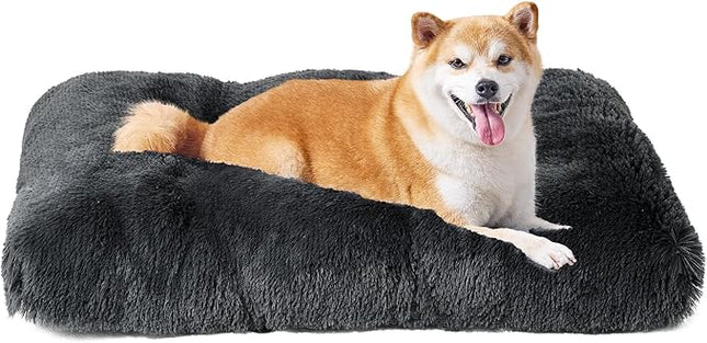 EHEYCIGA Fluffy Dog Crate Bed for Large Dogs, Plush Faux Fur Crate Pad, Calming Anti Anxiety Large Dog Bed, Washable Soft Warm Mat with Non-Slip Bottom, Dark Grey