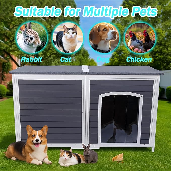 Geguri All-Weather Dog House for Medium to Large Dogs | Weatherproof Asphalt Roof, Chew-Proof Frame, Elevated Base, Extra Large (Grey, 59.1" L × 34.3" W × 34.6" H)