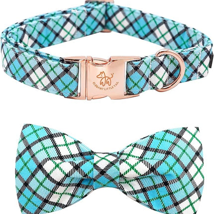 Elegant Little Tail Blue Plaid Dog Collar with Soft Bow, Adjustable for Small to Large Dogs