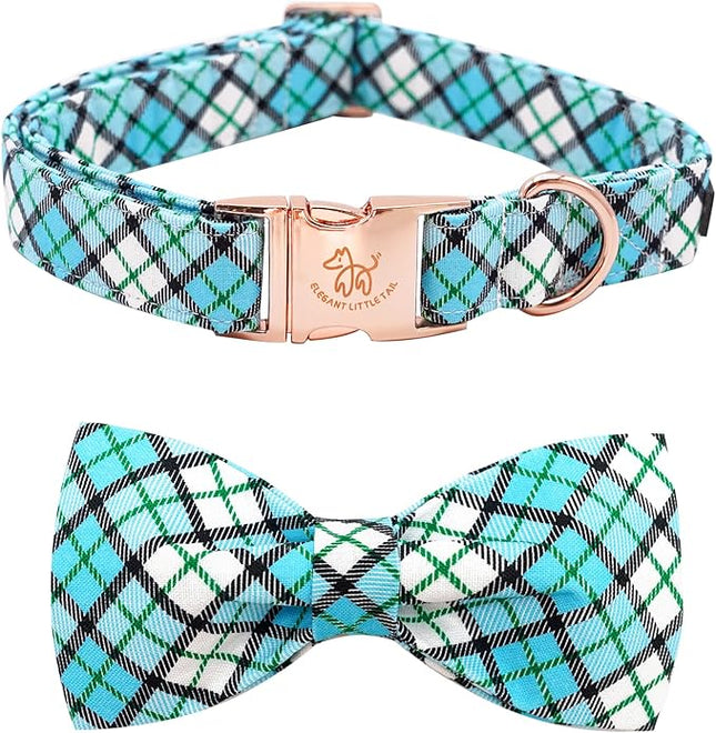 Elegant Little Tail Blue Plaid Dog Collar with Bow - Soft Adjustable for Small to Large Dogs