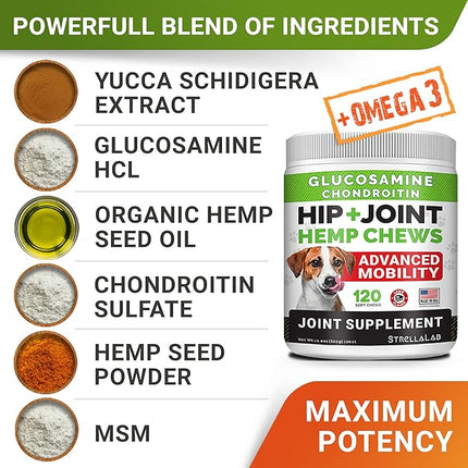 Large Breed Hemp + Glucosamine Dog Joint Supplement - Hemp Chews for Dogs Hip Joint Pain Relief - Omega 3, Chondroitin, MSM - Advanced Mobility Hemp Oil Treats for Large Dogs - Made in USA - 240 Ct