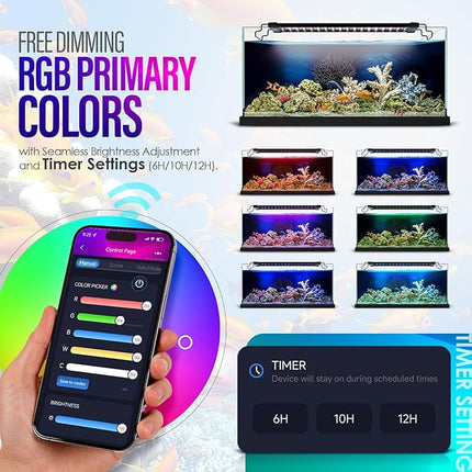 42W Smart Bluetooth App-Controlled Aquarium Light - Customizable Light Colors,Timeable,24/7 User-Defined Sunrise/Sunset Simulation,Tropical Lighting Mode,Suitable for 48-54" Fish Tanks