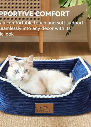 Cat Dog Bed for Pets, Rectangle Pet Bed Gift for Puppy and Kitten, Machine Washable Calming Fluffy Pet Couch Sofa for Indoor Outdoor, Portable Soft Cat Bed with Non-Slip Bottom (Small, Blue)