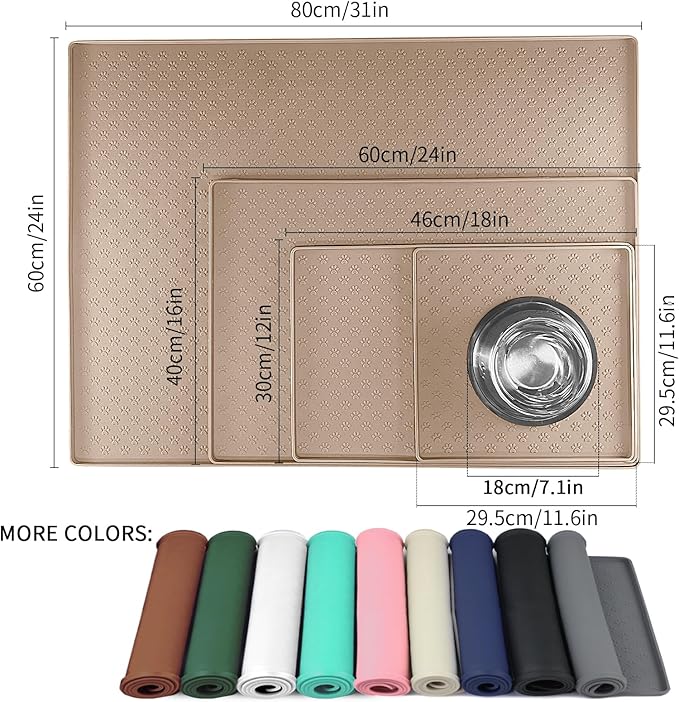 Ptlom Dog Food Mat Anti-Slip Bowl Mats for Food and Water, Waterproof Pet Placemat with High Raised Edges, Silicone Puppy Feeding Tray for Small, Medium Large Dogs Cats, Taupe, 31.5" 23.6"