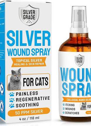 Cat Wound Care Spray with Silver – Wounds, Rashes, Hot Spots, Itch, Scratching, Irritation, Bites & Burns – Use a Cat Cone to Prevent Licking – Safe Formula – 4 Oz
