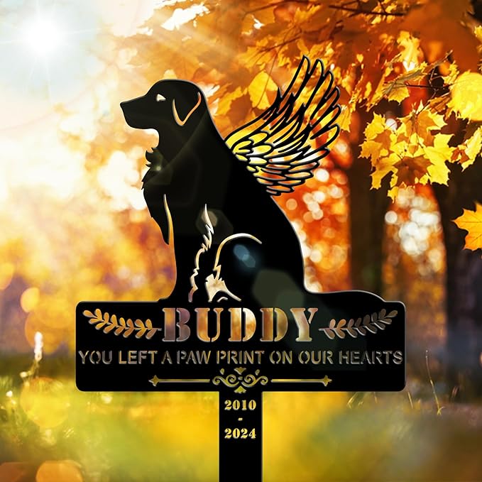 Personalized Dog Memorial Grave Marker, Custom Pet's Name Cemetery Decorations for Funerary, Metal Dog Burial Garden Stake, Outdoor Sympathy Angel Handstone Stake Plaque Gift for Loss
