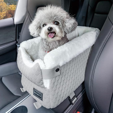 PETSFIT Dog Car Seats for Small Dogs with Safe Protection Hooks, Small Dog Car Seat with Upgraded Safety Tethers, Washable Cushion, Center Console Dog Car Seat for Pets Under 8 Lbs (Light Grey)