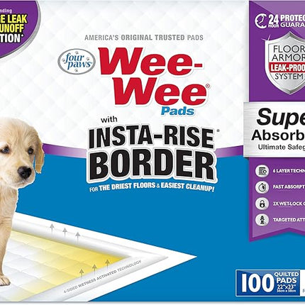 Four Paws Wee-Wee Super Absorbent Unscented Pee Pads for Dogs & Puppies with Insta-Rise Border, Leak-Proof Dog Housebreaking Potty Training Floor Protection, 22" x 23", 100 Count
