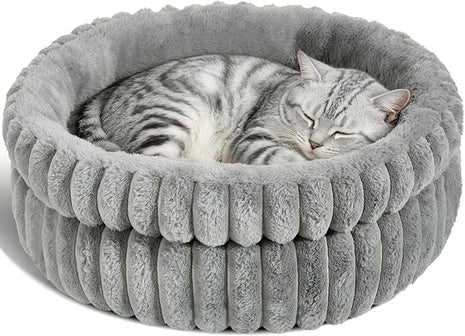 Cat Bed Kitten Bed, Washable Round Cat Beds for Indoor Cats, Super Soft Plush Faux Fur Pet Bed for Puppy and Kitten with Anti-Slip Bottom Small