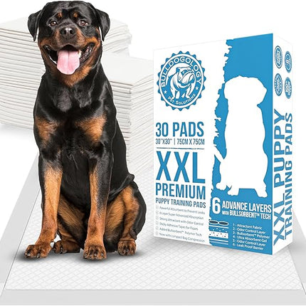 Bulldogology Puppy Pee Pads XXL with Adhesive Sticky Tape - Extra Large Dog Training Wee Pads (30x30) 6 Layers with Extra Quick Dry Bullsorbent Polymer Tech (30-Count, White)