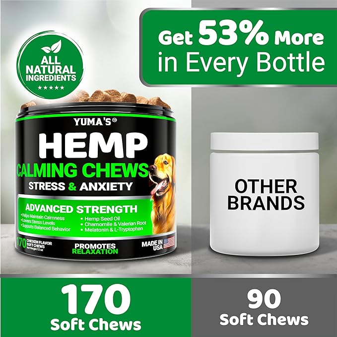 YUMA'S Hemp Calming Chews for Dogs - Advanced Dog Calming Chews - 170 Chews - Anxiety Relief Treats - Separation Aid, Barking, Stress Relief, Thunderstorms - Melatonin - Hemp Oil - Made in USA