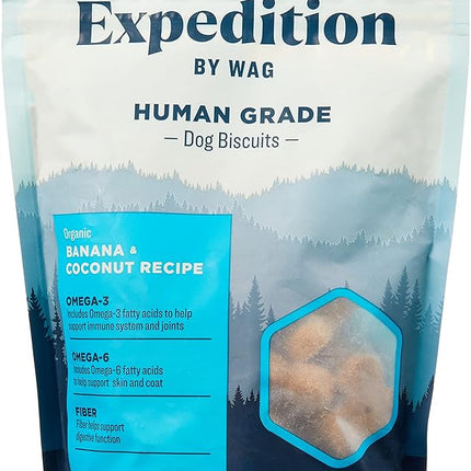 Amazon Brand - Wag Expedition Human Grade Organic Biscuits Dog Treats, Non-GMO, Banana & Coconut, 10oz