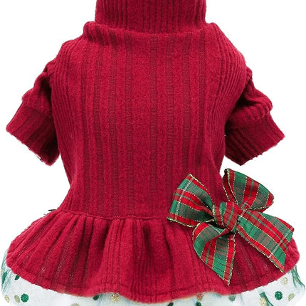 Fitwarm Knitted Dog Tulle Sweater Dress, Winter Clothes for Small Dogs, Female Pet Apparel, Red & Green, Medium