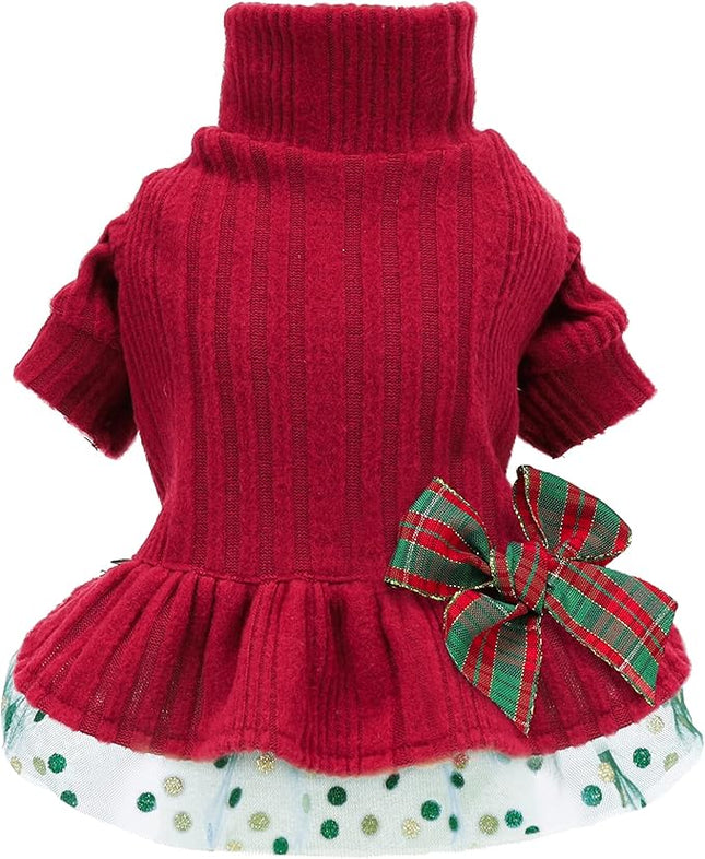 Fitwarm Knitted Dog Tulle Sweater Dress, Winter Clothes for Small Dogs, Female Pet Apparel, Red & Green, Medium