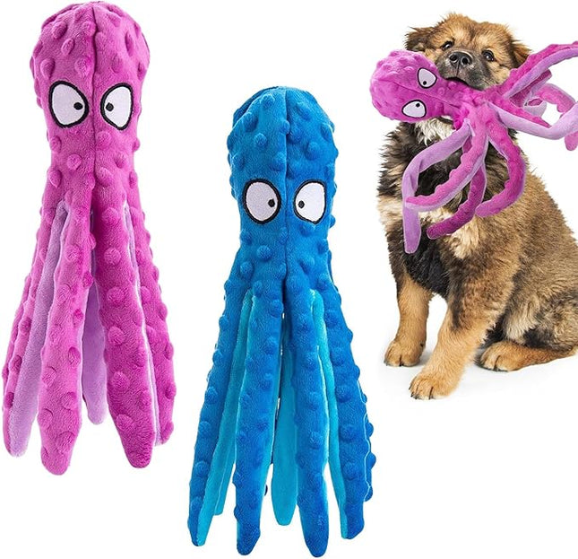 Alphatool Squeaky Dog Toys - 2pcs No Stuffing Octopus Soft Plush Crinkle Toys to Keep Them Busy, Interactive Essentials for Small Medium Pets Dogs Gifts, Blue & Purple